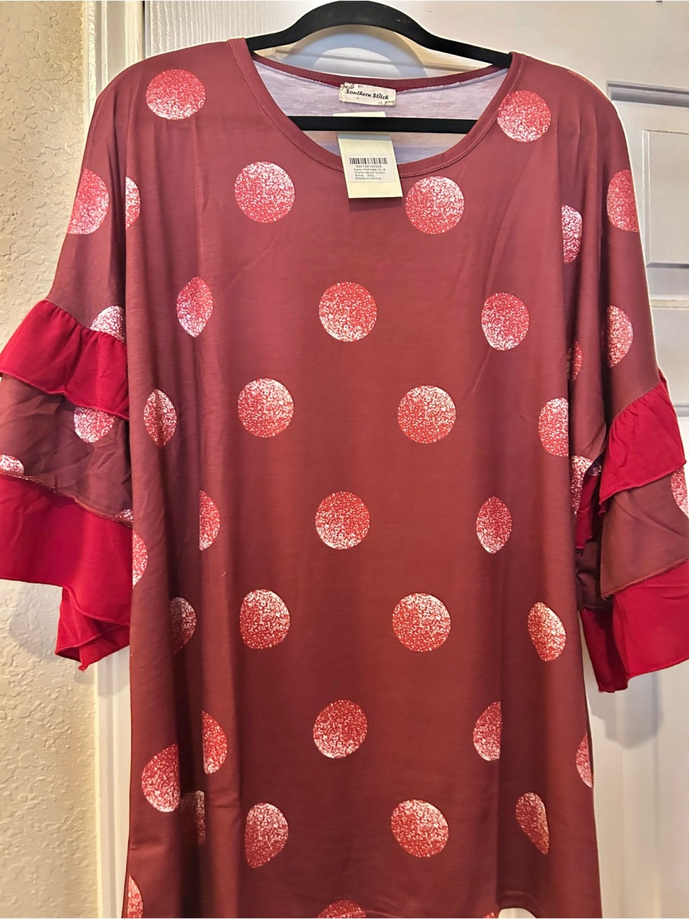 Polka Dot Ruffle-Sleeve Tunic in Wine Red